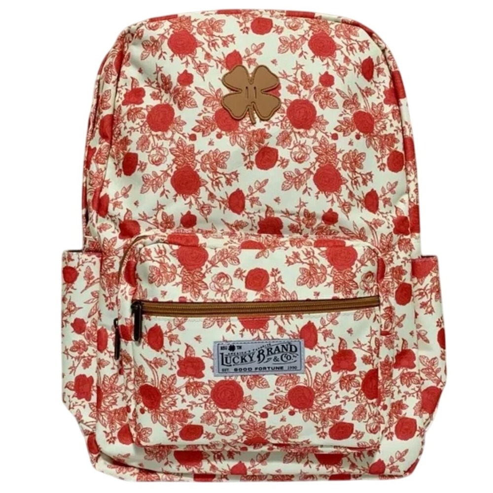 Lucky Brand Floral‎ Backpack Cream Red Rose Print Laptop Travel School Bag